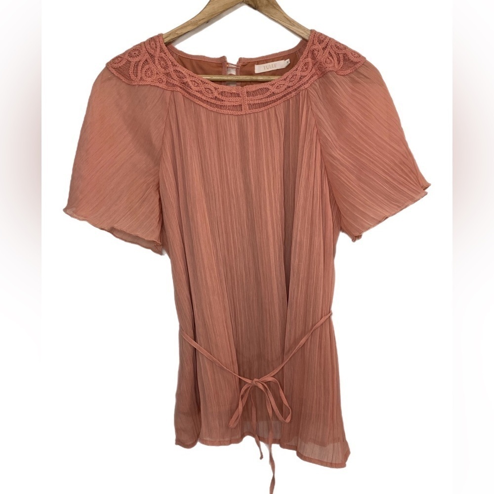 Tulle blush pink pleated chiffon blouse with crochet detail neckline